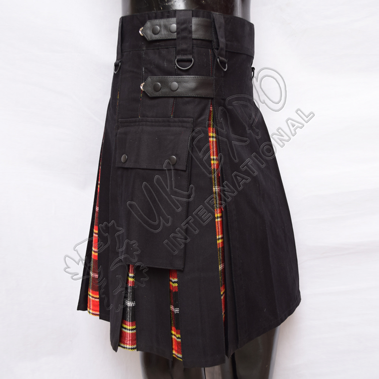 Hybrid Decent Black and Red-Black Tartan Box Pleat Utility Kilt Attached pockets