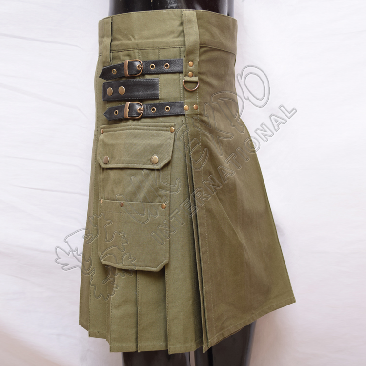 Heavy Duty Olive Utility Kilts with 4 closing Straps
