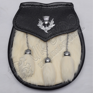 Adult Sporrans white Rabbit fur with 3 tessel and thistle badge on Flap