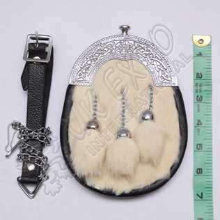 White Fur Baby Sporran Celtic Design Cantle with Three Tessels