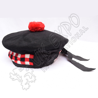 Black Balmoral Hat with Black white Black dicing and red pom pom