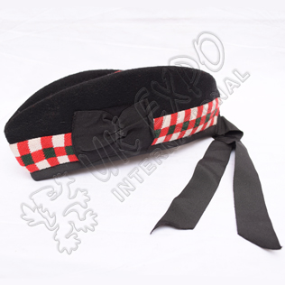 Black Glengarry Hat with white dicing and red pom