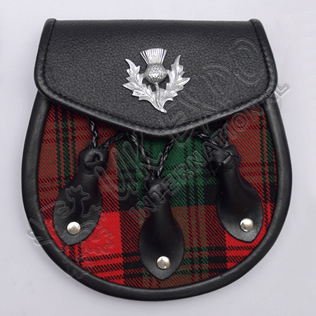 Black Leather Thistle Badge on Flap Three Leaves Clan Tartan Semi Dress Sporran