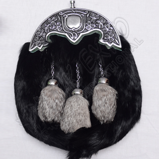 Black Rabbit Fur with Multi Gray Color Tessels Green Backing