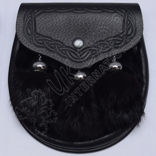 Black Rabbit fur with Real Black Leather Semi Dress Sporran
