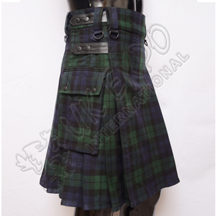 Black Watch Tartan 4 Leather Straps Utility Kilts with Black Color snaps closing