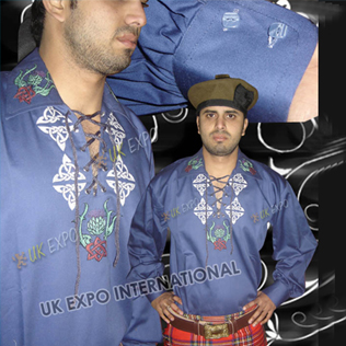 Blue Jacobite Shirt wit Scottish Flower Hand Embroidery