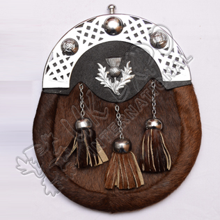 Seal Skin Brown Sporran with Thistle Badge on leather Backing
