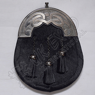 Celtic Antique Cantle Black Seal Skin Sporran with Three Tassels