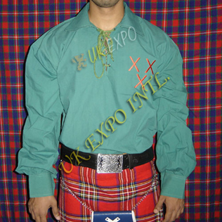 Green Emblem logo Embroidered Mens Scottish Highland Jacobite Shirts Jacobean Ghillie