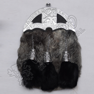 Full Dress Chrome Plated Rampart lion Cantles With Gray Multi Furr Sporran