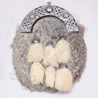 Gray Rabbit Fur Full Dress Sporran with 6 White Fur Tessels