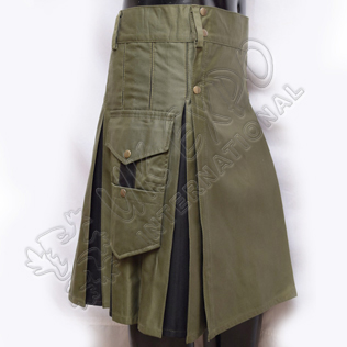 Hybrid Decent Box Pleat Utility Kilt Attached pockets Olive and Black Cotton 