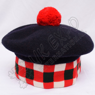 Navy Blue Hummel bonnet with Dicing Dark Green/Red/White Red Pom Pom