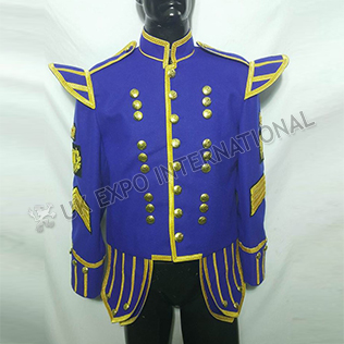 Pipe Band Doublet Royal blue  with Gold Braid and cord with Pipe Band Badges on Sleeve