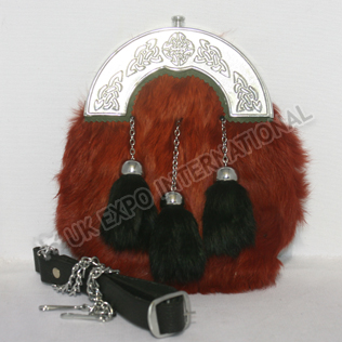 Red Color Rabbit furr sporrans with Black tessels Chrome Celtic Cantle