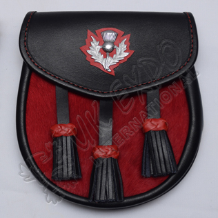 Scottish Black Leather and Artificial Red Furr Sporran With Thistle Badge on Flap