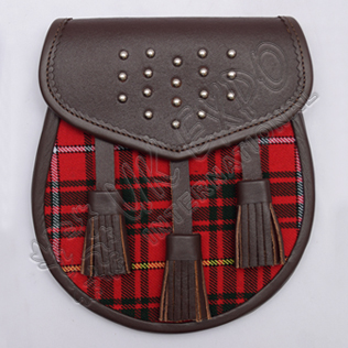 Gladiator Semi Dress Sporran Brass Studs on Flap Brown leather with Clan Tartan