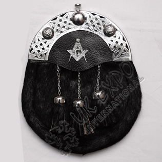 Seal Skin Black Sporran with Masonic Badge on leather Backing