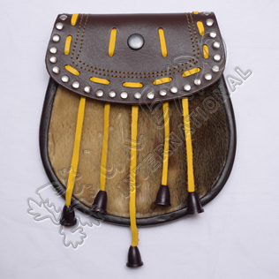 Semi Dress Sporran Seal Skin With Round Studs on Flap and Yellow Laces and Tassels