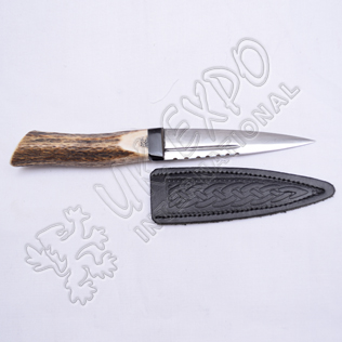 Stainless Steel Blade with Real Stag  Handle and Leather Celtic Embossed Cover Sgain Dubh