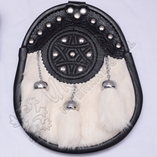 White Rabbit fur 3 tessels and stud on front leather Sporran