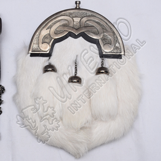 White Rabbit Fur Full Dress Sporrans Scottish Celtic Design Cantle Shiny Antique