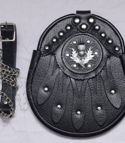 Thistle Chrome Studded Black Leather Sporran
