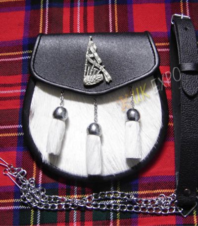 Piper's Honor White Goat Skin Black Leather Sporran