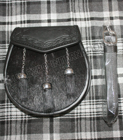 Black Calf Skin Celtic Embossed Black Leather Sporran