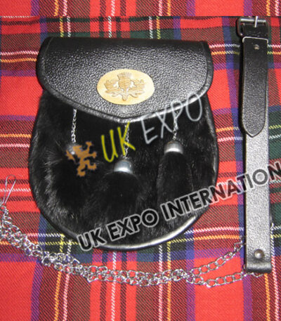 Black Rabbit Fur Wood Thistle Leather Sporran