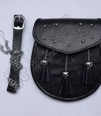 Scottish Flower Embossed Cow Skin Black Leather Sporran