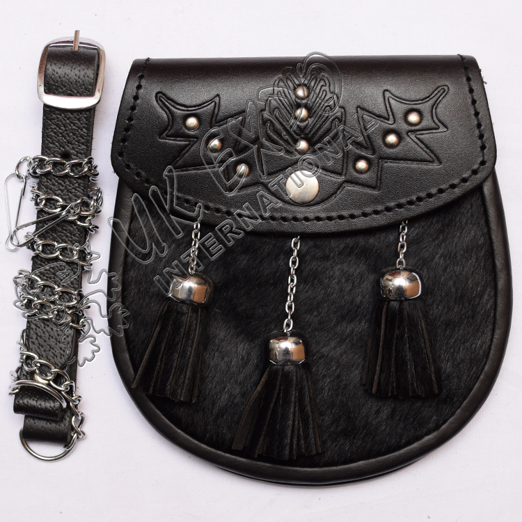 Scottish Flower Embossed Black Leather Seal Skin Sporran