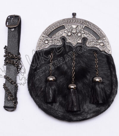 Antique Scottish Flower Black Goat Skin Sporran