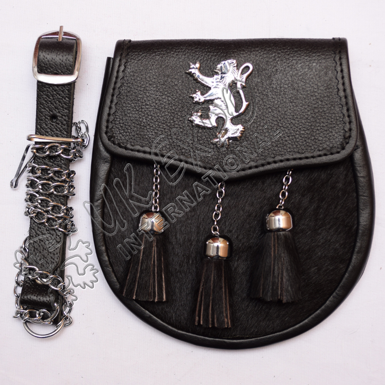 Black Leather Goat Skin Rampart Lion Sporran
