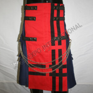 Blue Red and Black Cargo Pocket Kilts with Front Chain