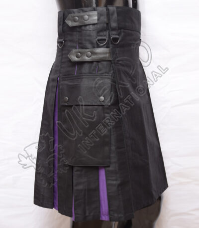 Black Hybrid Purple Box Pleat Utility Kilt