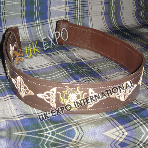 Brown Belt With Skin Color Embroidery Golden Thistle Backing