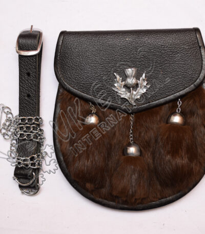 Brown Rabbit Fur Black Leather Sporran