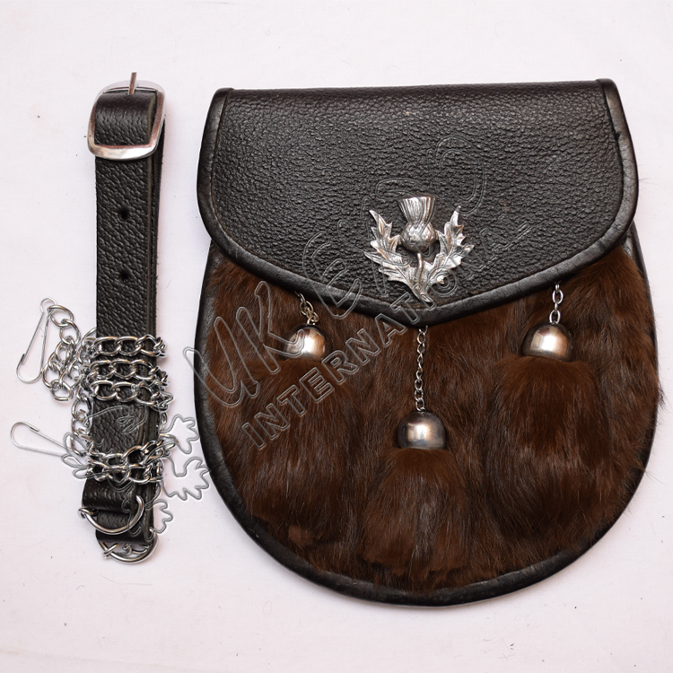 Brown Rabbit Fur Black Leather Sporran
