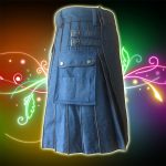 Blue Denim with Brown Leather Piping Utility Kilt