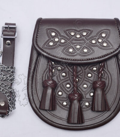 Celtic Brown Leather Embossed Chrome Stud Sporran
