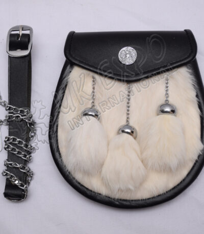 Celtic Cow Hide Black Leather Alba Rabbit Fur Sporran