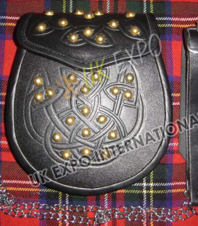 Celtic Double Leather Embossed Golden Stud Sporran