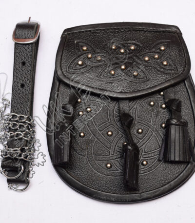 Luxury Celtic Embossed Gold Studded Black Sporran