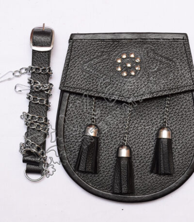 Embossed Celtic Black Leather Stud Sporran