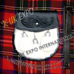 White Fur Celtic Embossed Black Leather Sporran