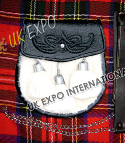 White Fur Celtic Embossed Black Leather Sporran