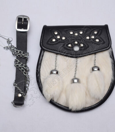 Celtic Chrome Studs White Fur Sporran