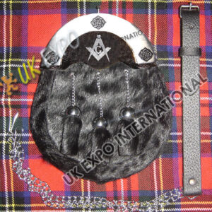 Color filled Cantle Seal Skin Black Sporran with Masonic Badge on leather Backing